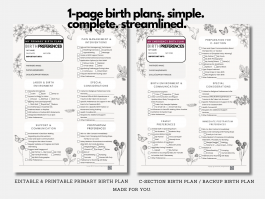 Birth Preferences Plan + Bonus Cesarean C-Section Plan - Fully Editable High-Contrast 1 -Page Comprehensive Plans - "In Full Bloom" B&W Style